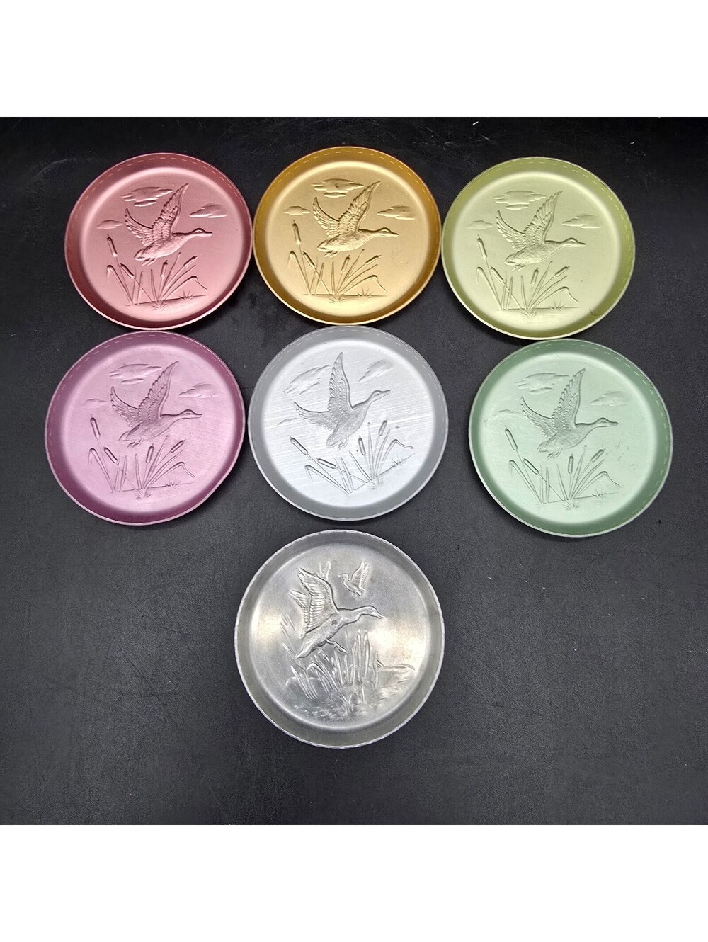 Vintage MCM Anodized Aluminum Coasters Flying Duck Lot of 7 Retro Barware